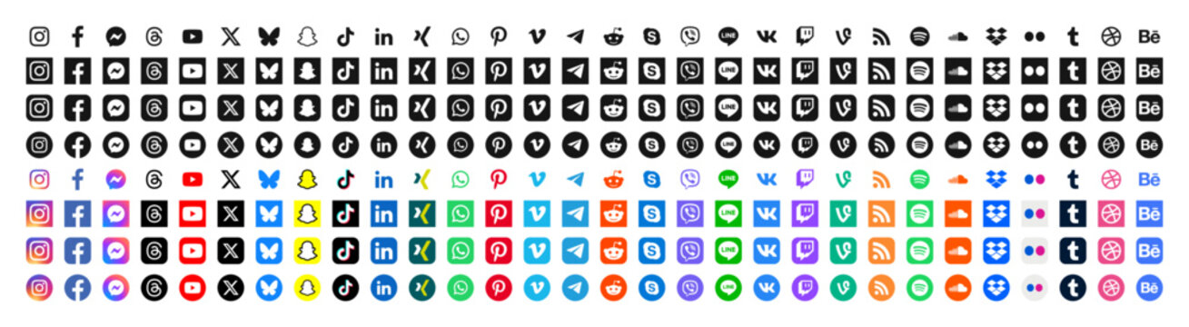 Set of social media icons. Social network vector symbols. Instagram, Facebook, Bluesky, Messenger, Threads, X, LinkedIn.