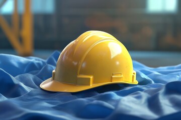 Bright yellow safety helmet resting on blue fabric.