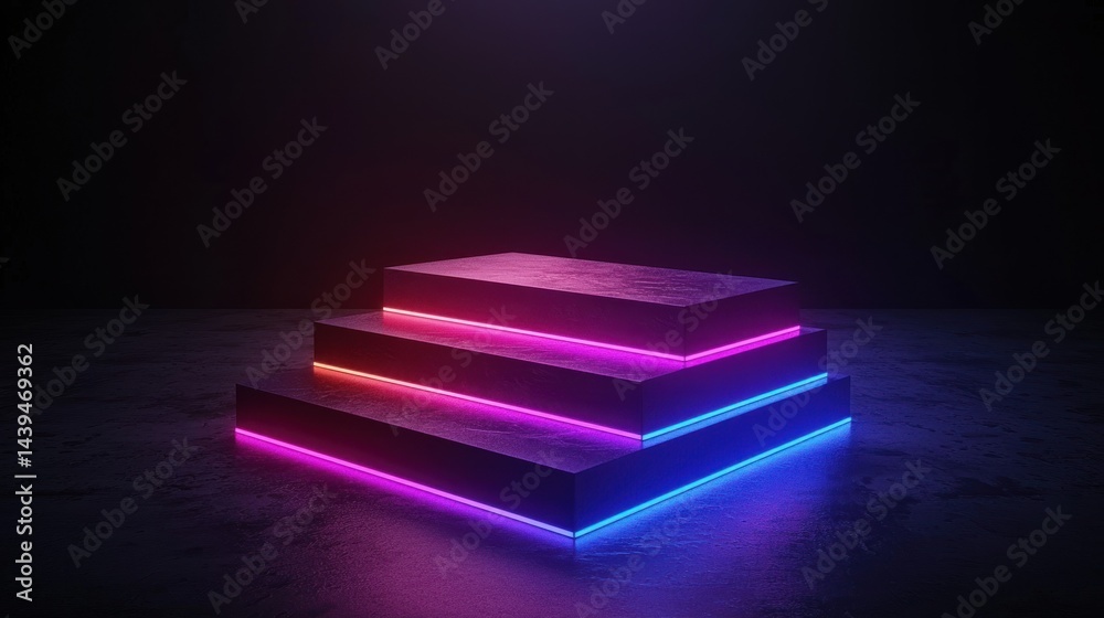 Canvas Prints neon steps display platform, dark studio setting