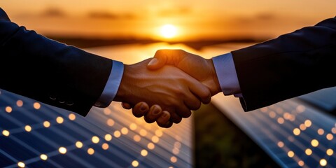 Businessmen shaking hands at sunset over solar panels