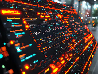 Stunning closeup of a futuristic digital interface displaying dynamic data streams and graphs.