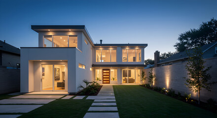 Obraz premium Spectacular Modern Home Exterior With Illuminating Glow At Twilight Time