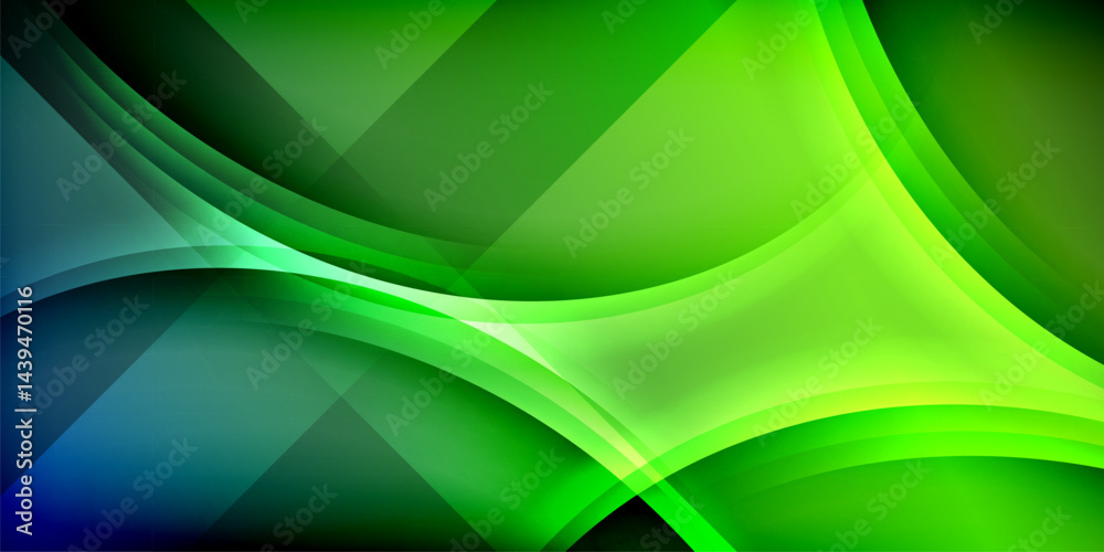 Poster Abstract background features flowing green shapes, curves, gradients. Dynamic composition creates modern visual effect.