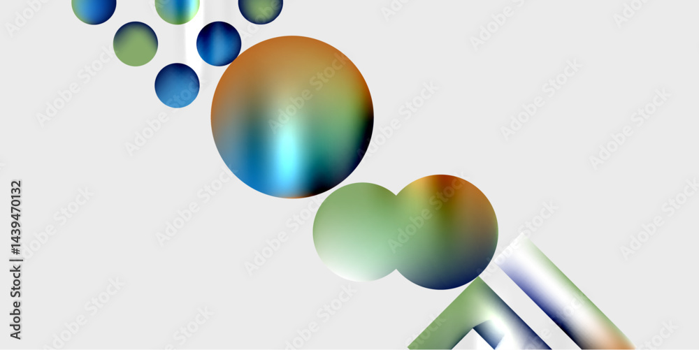Poster Abstract colorful spheres, gradients, shapes form dynamic composition. Light reflects, creating soft visual effect. Minimalist design.