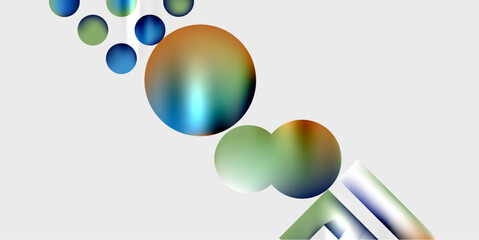 Abstract colorful spheres, gradients, shapes form dynamic composition. Light reflects, creating soft visual effect. Minimalist design.