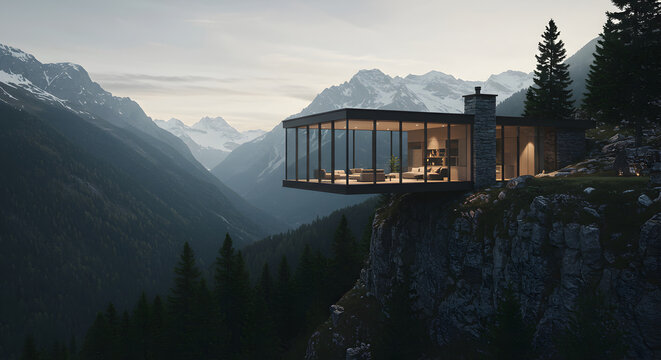Modern Mountain Retreat Home Perched on Cliffside Overlooking Rugged Terrain