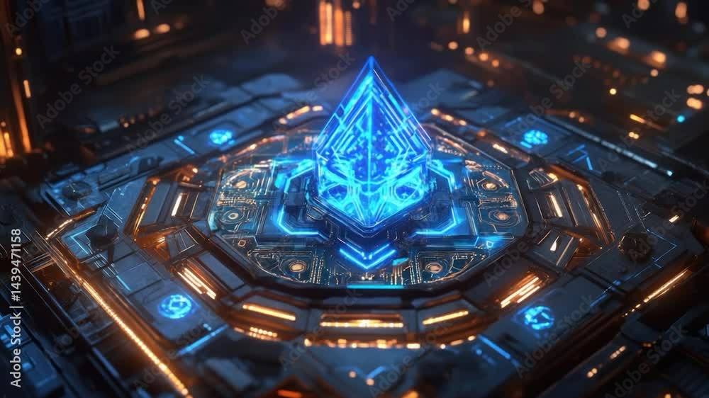 Poster futuristic pyramid structure on a metallic platform.