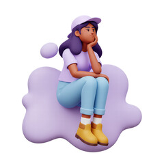 Portrait of pensive cute casual kawaii smiling funny girl, thinking expression over decision. 3d render isolated backdrop.