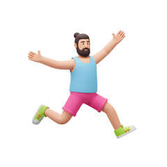 Fototapeta premium Full length of a young cute smiling bearded brunette man wears pink shorts, blue tank top, green sneakers running and having fun. Self-care, healthy lifestyle, wellness. 3d render
