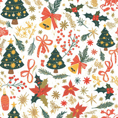 A festive pattern featuring Christmas trees, holly leaves, poinsettias, bells, and ribbons in vibrant red, green, and gold colors. The design exudes holiday cheer and seasonal joy.