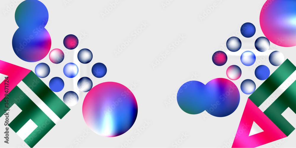 Poster Abstract composition featuring colorful spheres, triangles, rectangles. Gradient shades create dynamic visual effect. Minimalist design.