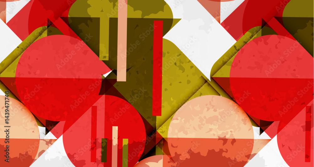 Aufkleber Abstract geometric composition. Overlapping shapes create textured visual effect. Red, gold, white dominate design. Minimalist style.