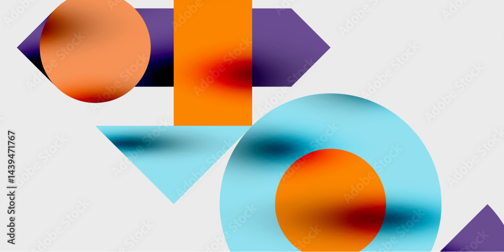 Poster abstract geometric shapes overlap. orange, purple, blue hues create modern composition. smooth gradi