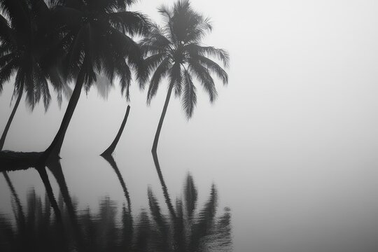 Coconut Trees Leaning Over Calm Ocean at Sunrise with Misty Reflections