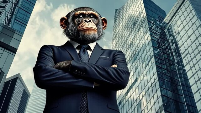 Chimpanzee in business suit standing proudly in urban highrise environment