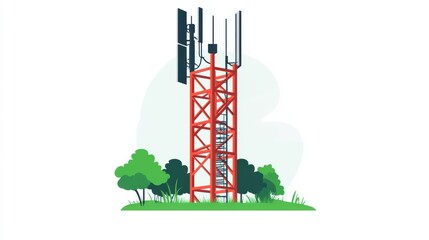 Red Communication Tower Surrounded by Lush Green Trees and Grass in a Minimalist Design