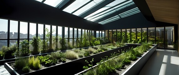 Naklejka premium Thriving indoor vertical herb gardens glowing under sunny glass roofs. Extremely detailed high resolution illustration.