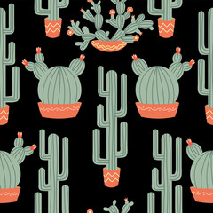 Seamless pattern with cactus in a pot, flowers. Colorful design for fabric, gift paper, posters.