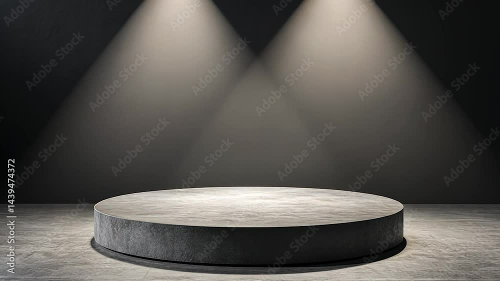Poster empty round stage illuminated by spotlights.