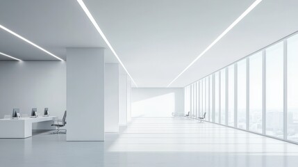 Obraz premium Modern Bright Office Space with Minimalist Design and Large Windows for Natural Light