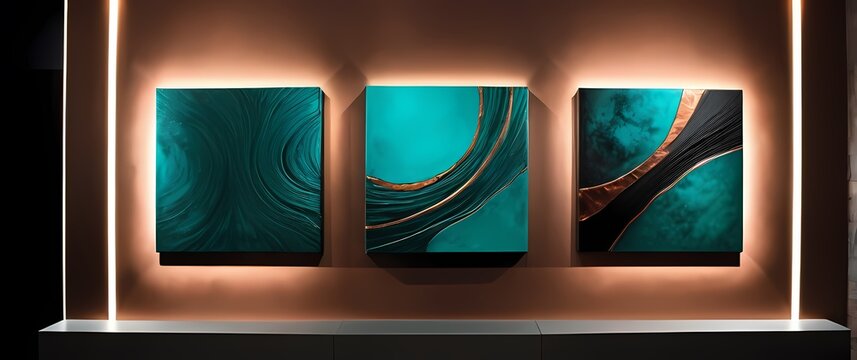 Textured modern art canvases blending rich hues of copper teal and matte black powders. Extremely detailed high resolution illustration.