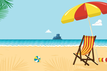 Beach landscape during the day. Sandy beach with tropical palm trees. Cartoon vector illustration on a sunny day, at sunrise. Outdoor landscape, travel scene during the day, tropical vacation.