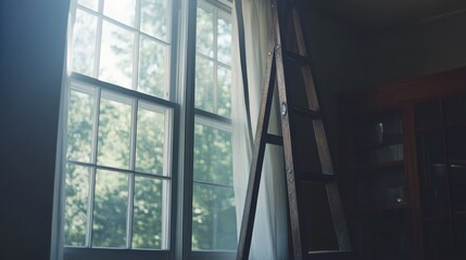 A wooden ladder sits beside a large window with natural light