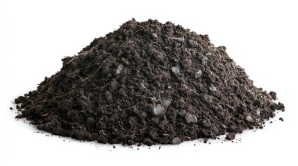 Isolated heap of black soil with soft shadows on white background.
