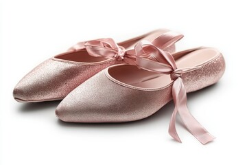 Ballet shoes with ribbons in elegant pink glitter finish on a subtle background