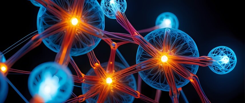 Technical D molecular models glowing with connected nodes and filament structures in vivid colors. Extremely detailed high resolution illustration.