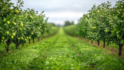 Naklejka premium Lush apple orchard rows stretching into the distance
