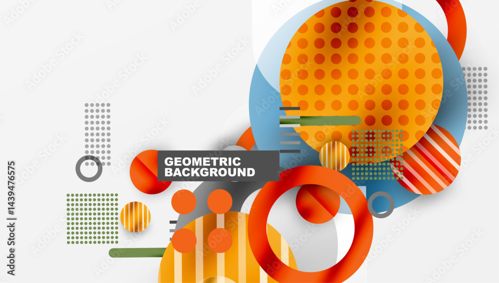 Poster abstract geometric shapes, vibrant orange, blue hues. modern design, overlapping circles, lines crea