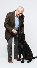 Elderly man smiling gently while stroking his loyal dog isolated on white background symbolizing lifelong companionship. Generative AI