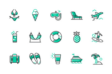 Summer and vacation - set of line design style icons