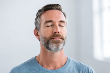 Fototapeta premium Calm man practicing mindfulness with closed eyes, reflecting inn
