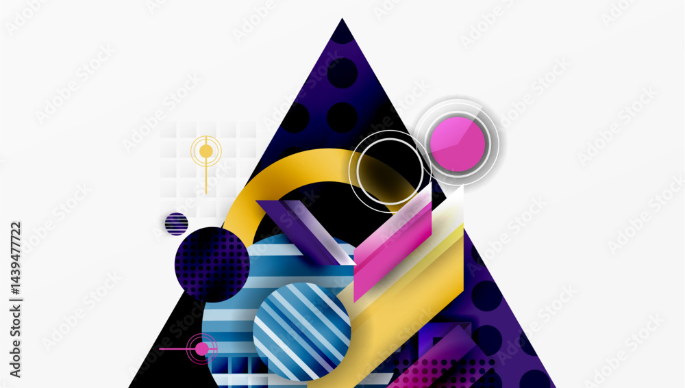 Poster Abstract geometric composition. Shapes overlap, creating dynamic visual interest. Purple, yellow, pink dominate design. Modern aesthetic.