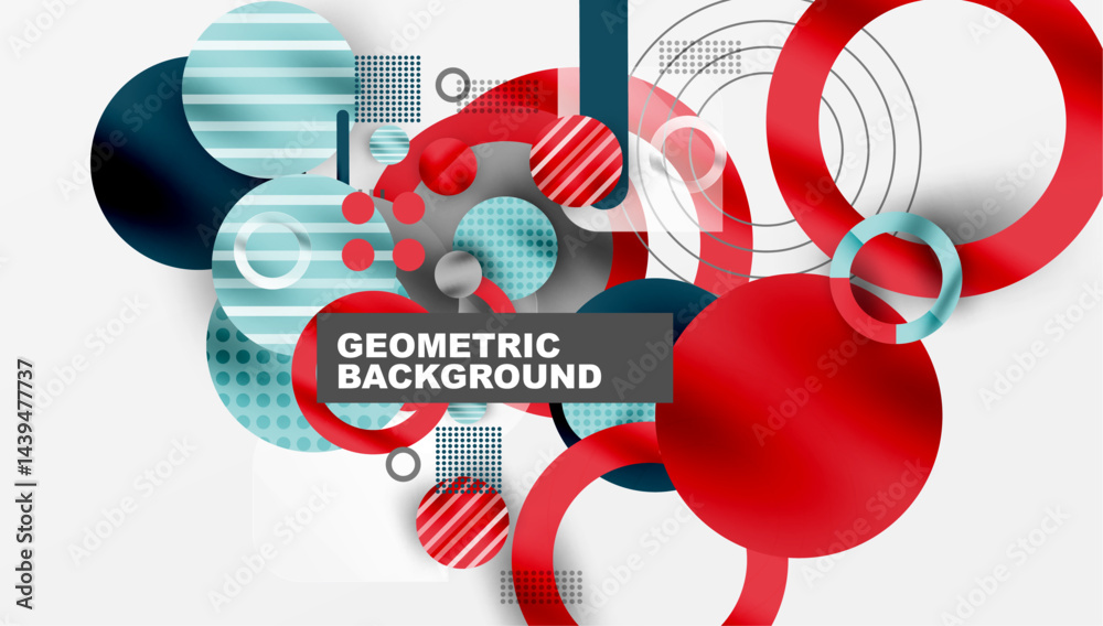 Aufkleber abstract geometric composition. circles, lines, patterns create modern design. red, blue, teal domin