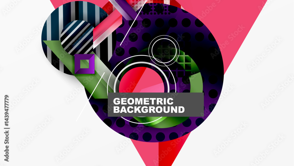 Poster abstract geometric composition. circles, squares, lines create vibrant, modern design. bold colors, 