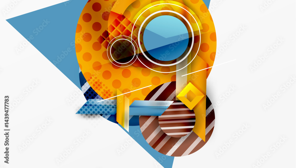 Poster abstract geometric design. circles, squares, triangles overlap. warm colors dominate with cool blue 