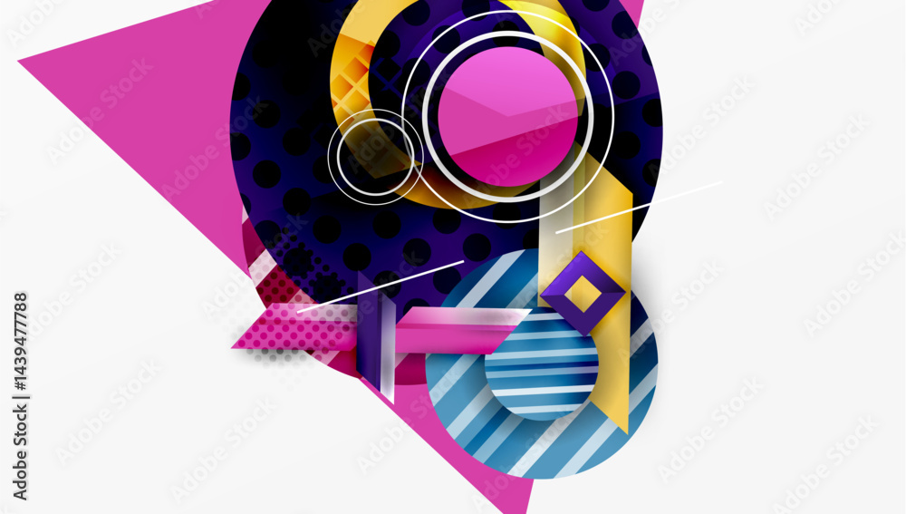 Poster abstract composition. geometric shapes overlap, creating vibrant visual effect. pink, blue, yellow d