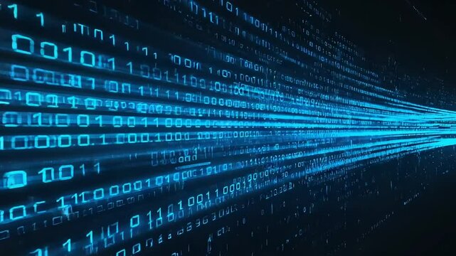 Digital binary code streams diagonally.