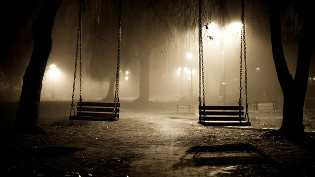 Sepia toned photo of two empty swings suspended from trees in a misty park with dim streetlights illuminating the scene at night