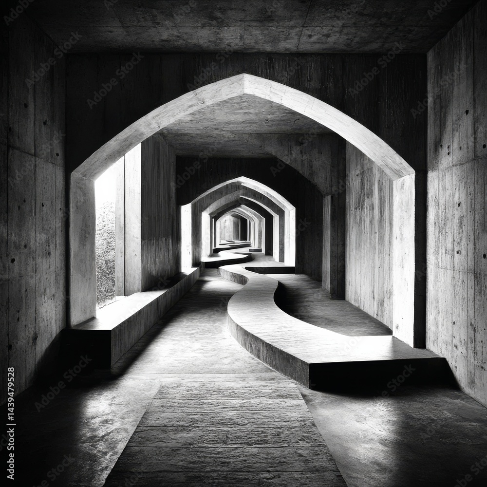 Poster architectural monolith: a winding journey through concrete arches and light, a serene escape from th