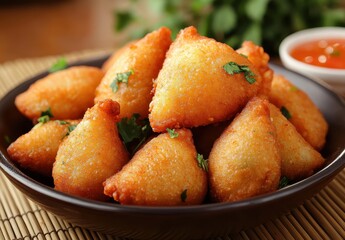 Crispy and Delicious Samosas Garnished with Fresh Coriander Served in a Bowl with Tangy Dipping Sauce on a Wooden Table