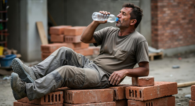Tired construction worker taking water break sitting on stack of bricks at building site. Workplace hydration during manual labor essential for construction safety and health awareness campaigns