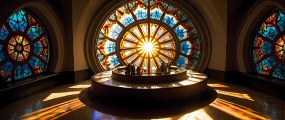 Obraz premium Sunlight piercing through a stained glass kaleidoscope creating vibrant floor patterns. Extremely detailed high resolution illustration.