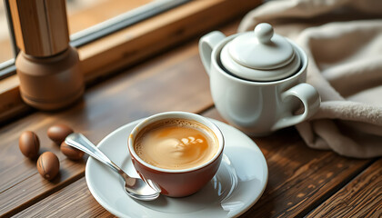 Red Mug of Espresso on Wooden Table near Window