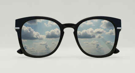 Black frame sunglasses with sky reflection in mirror lenses against white background. Stylish eyewear accessory for summer fashion collections and optical store advertising