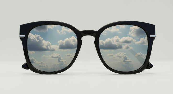 Black frame sunglasses with sky reflection in mirror lenses against white background. Stylish eyewear accessory for summer fashion collections and optical store advertising