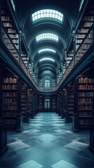 A large, empty library with high ceilings and rows of bookshelves. The atmosphere is quiet and serene, with the only sound being the faint rustling of pages. The blue lighting adds to the calm